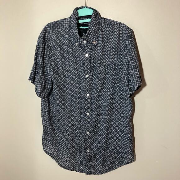 Daniel Hechter mens M modern fit linen blue white print short sleeve button up - Picture 1 of 8